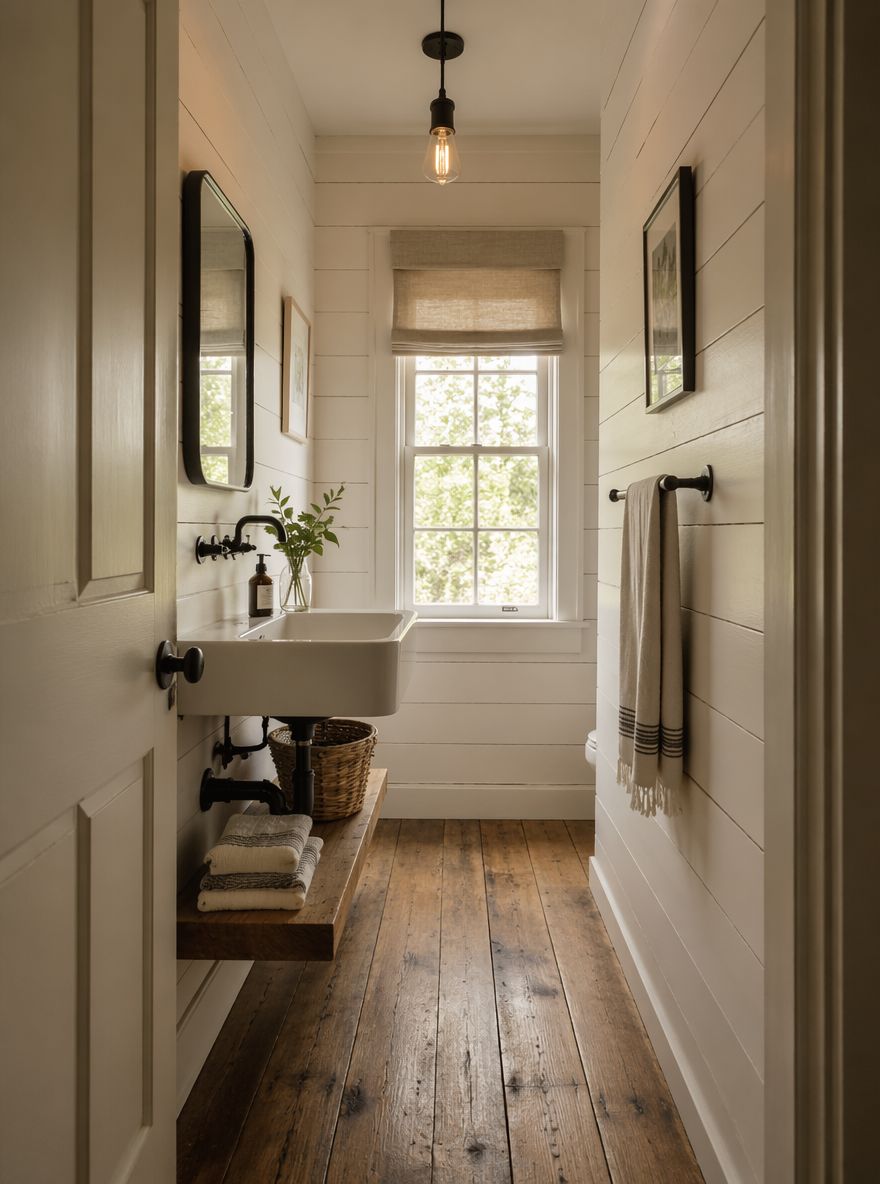 Bagno country stretto con lampada Edison e shiplap