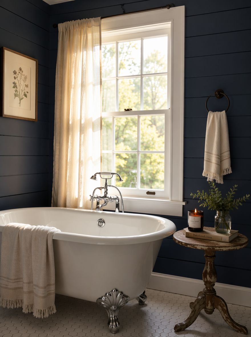 Bagno navy con shiplap e vasca con piedini cromati