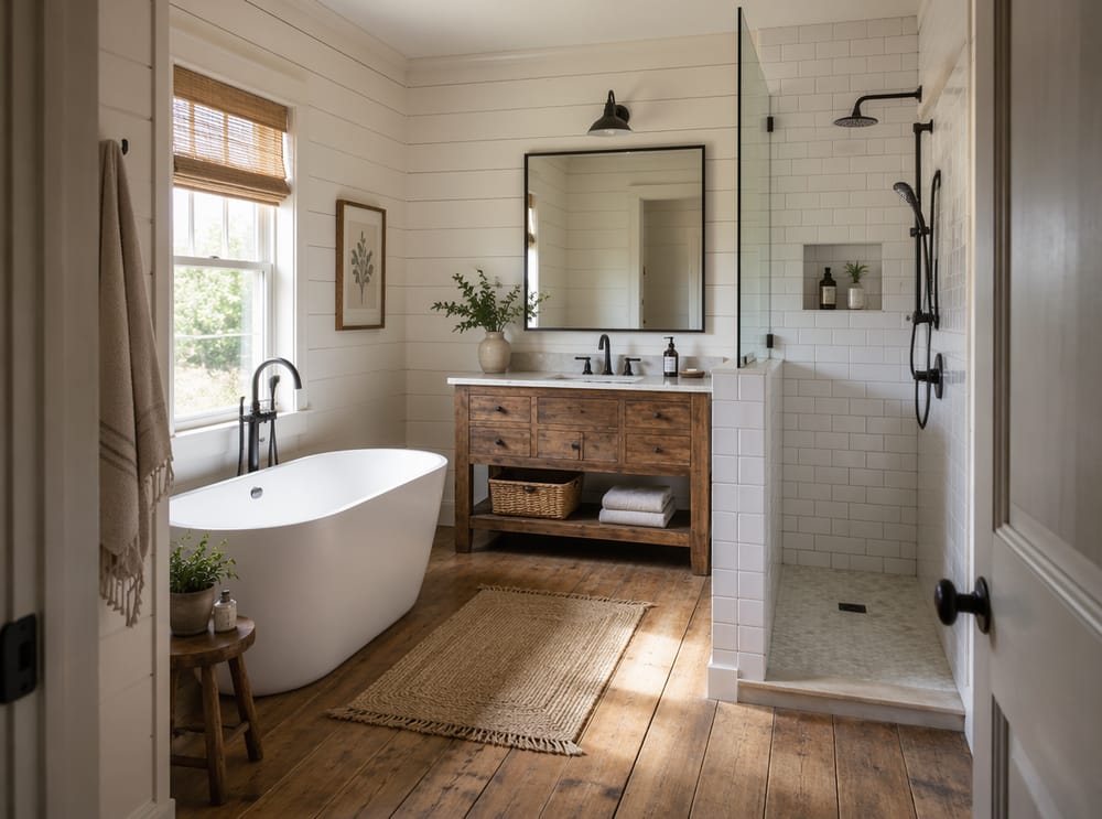 Vasca ovale e doccia ai lati del mobile bagno in legno
