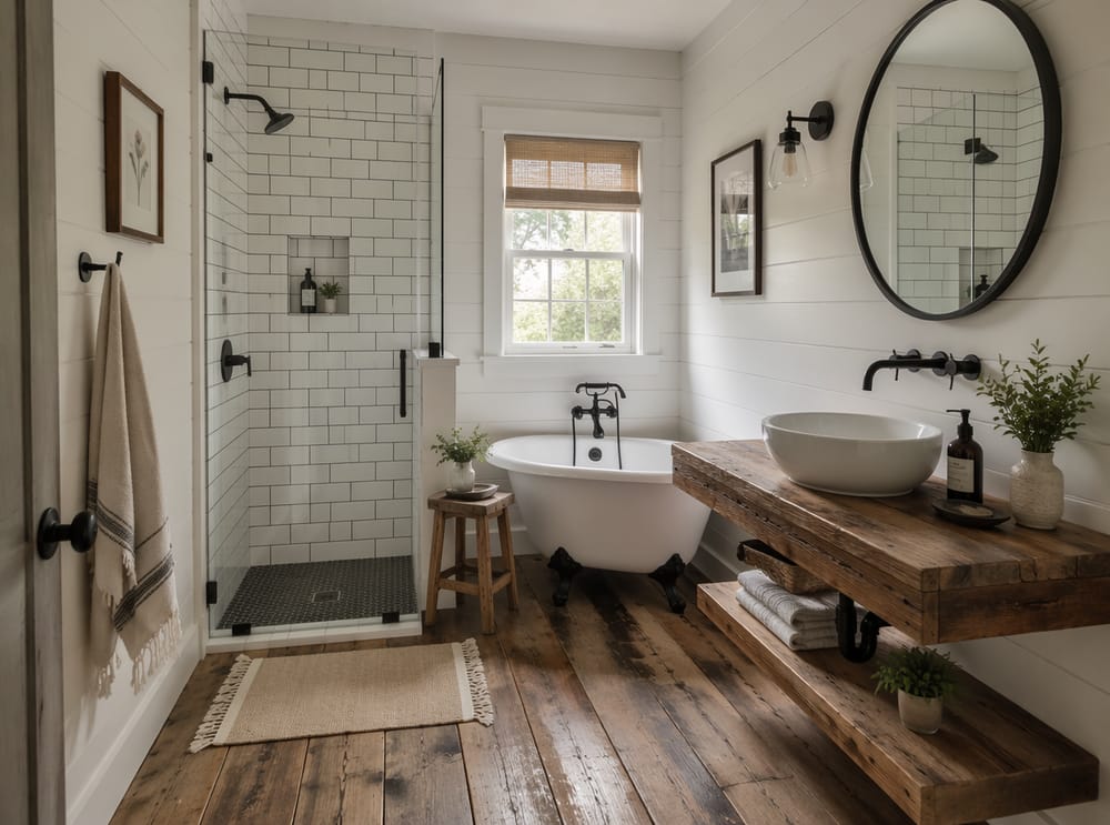 Bagno compatto con doccia e vasca in angoli opposti