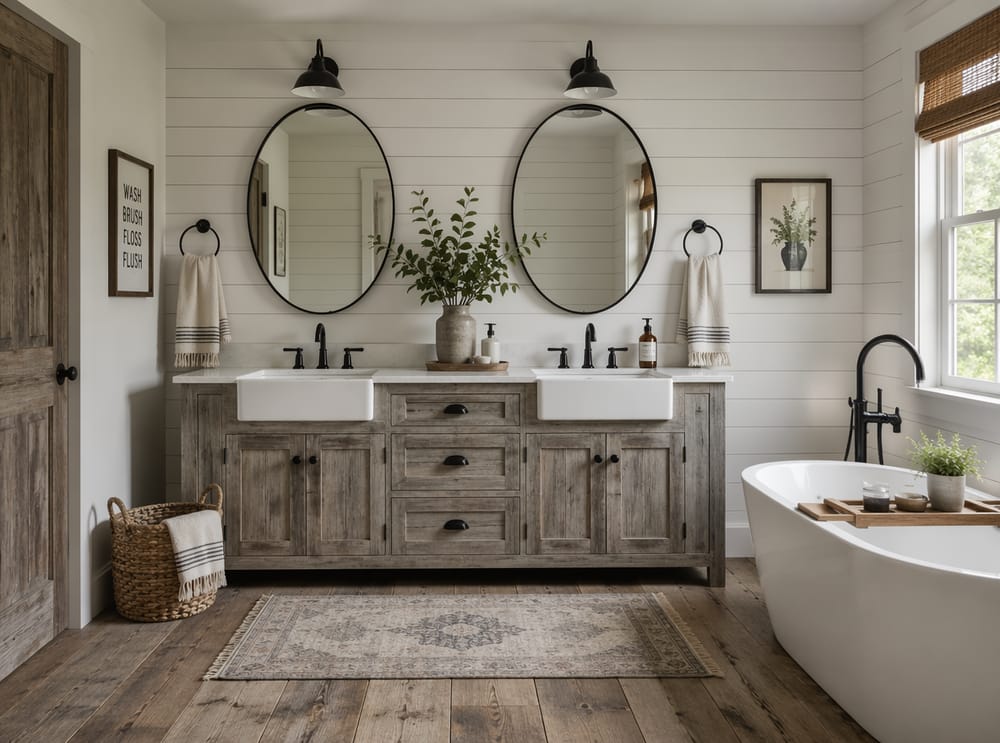 Mobile lavabo country con specchi ovali e shiplap