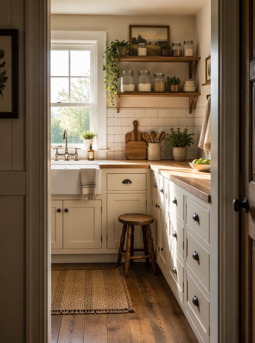 Cocina farmhouse compacta enmarcada por la puerta