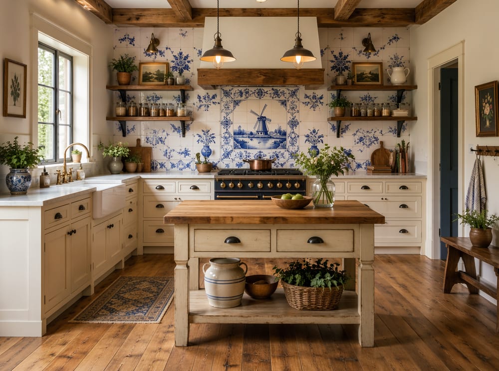 Salpicadero de azulejo Delft detrás de cocina independiente