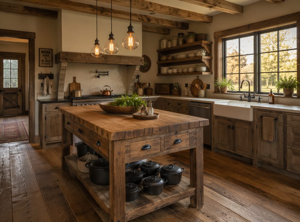 Tonos de madera envejecida en toda la cocina farmhouse abierta