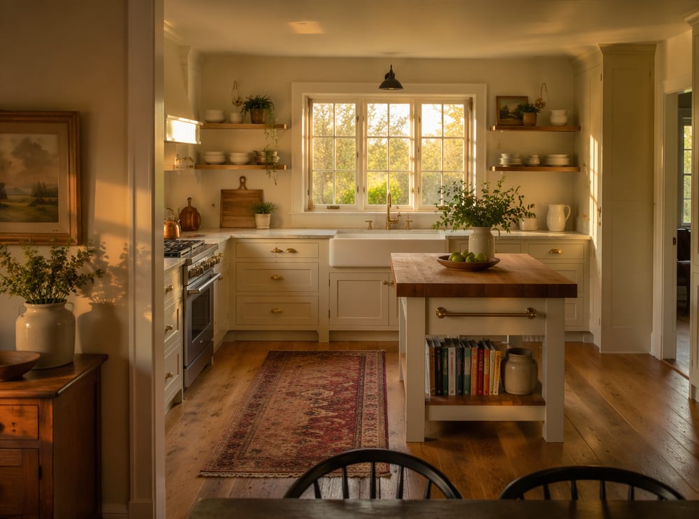 Luz dorada al atardecer sobre cocina farmhouse blanca estilo shaker