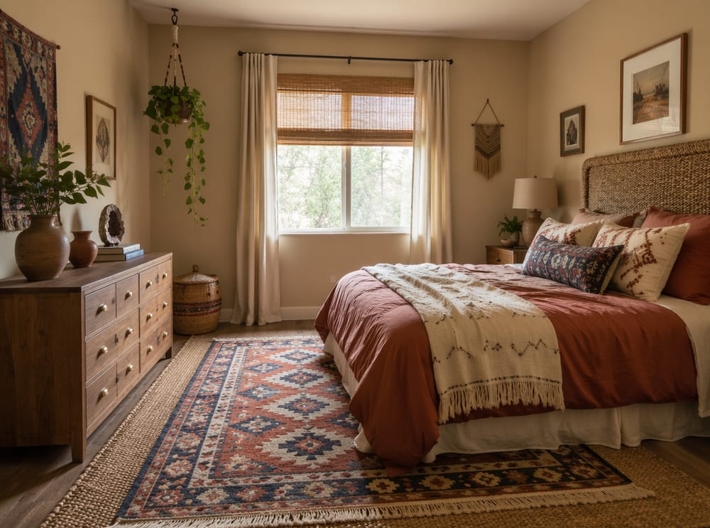 Testiera in erba marina con tappeto kilim sovrapposto