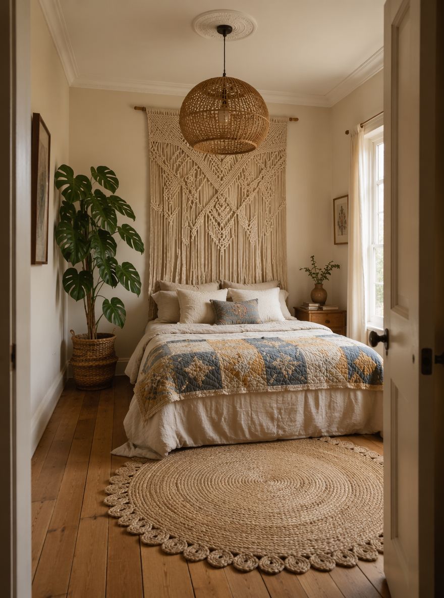 Alta testiera in macramé fino al soffitto