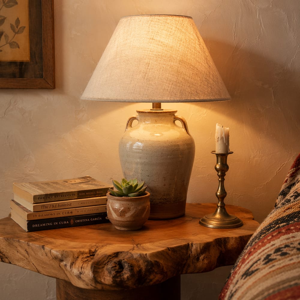 Comodino in legno vivo con vaso in argilla e portacandele