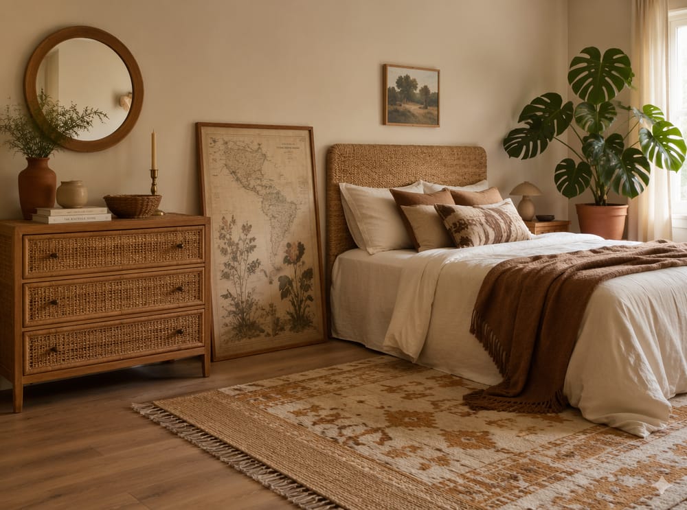 Testiera in erba marina con plaid con frange e monstera