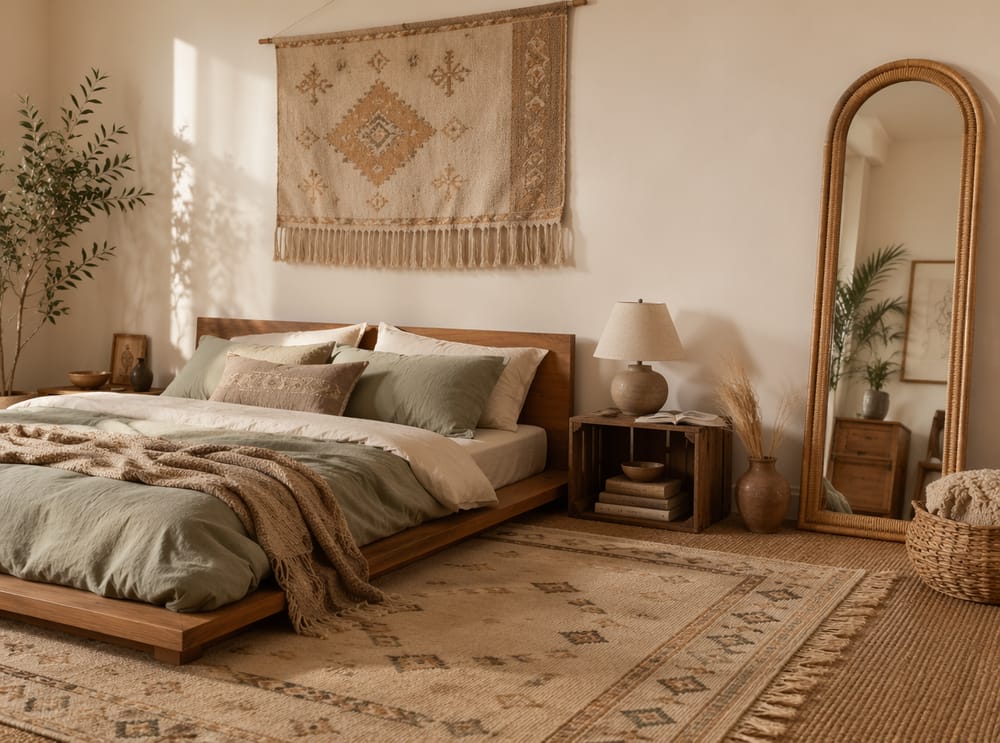 Letto basso con arazzo asimmetrico sopra