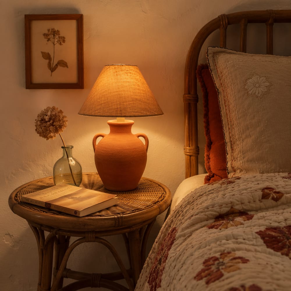 Tavolino in rattan con lampada in ceramica e ramo essiccato