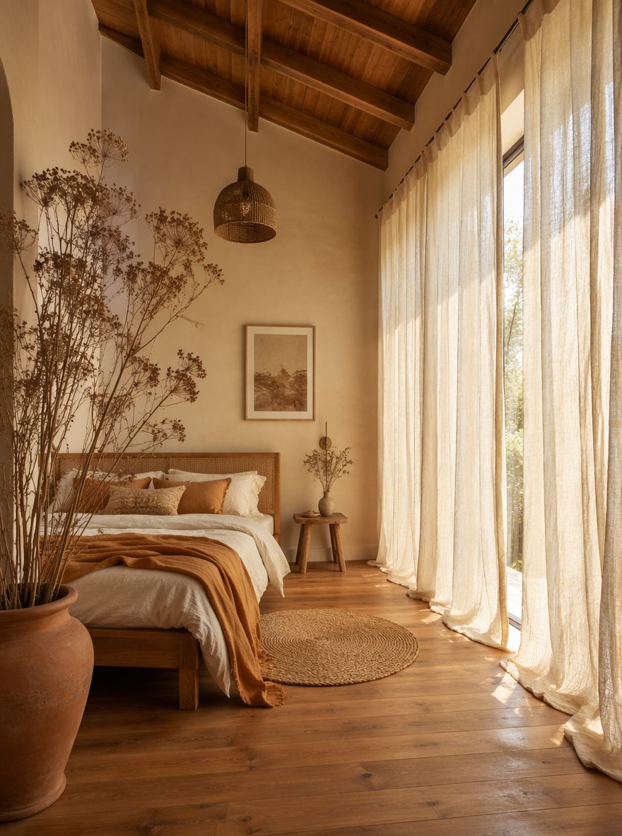 Tende leggere a soffitto accanto a letto basso intrecciato