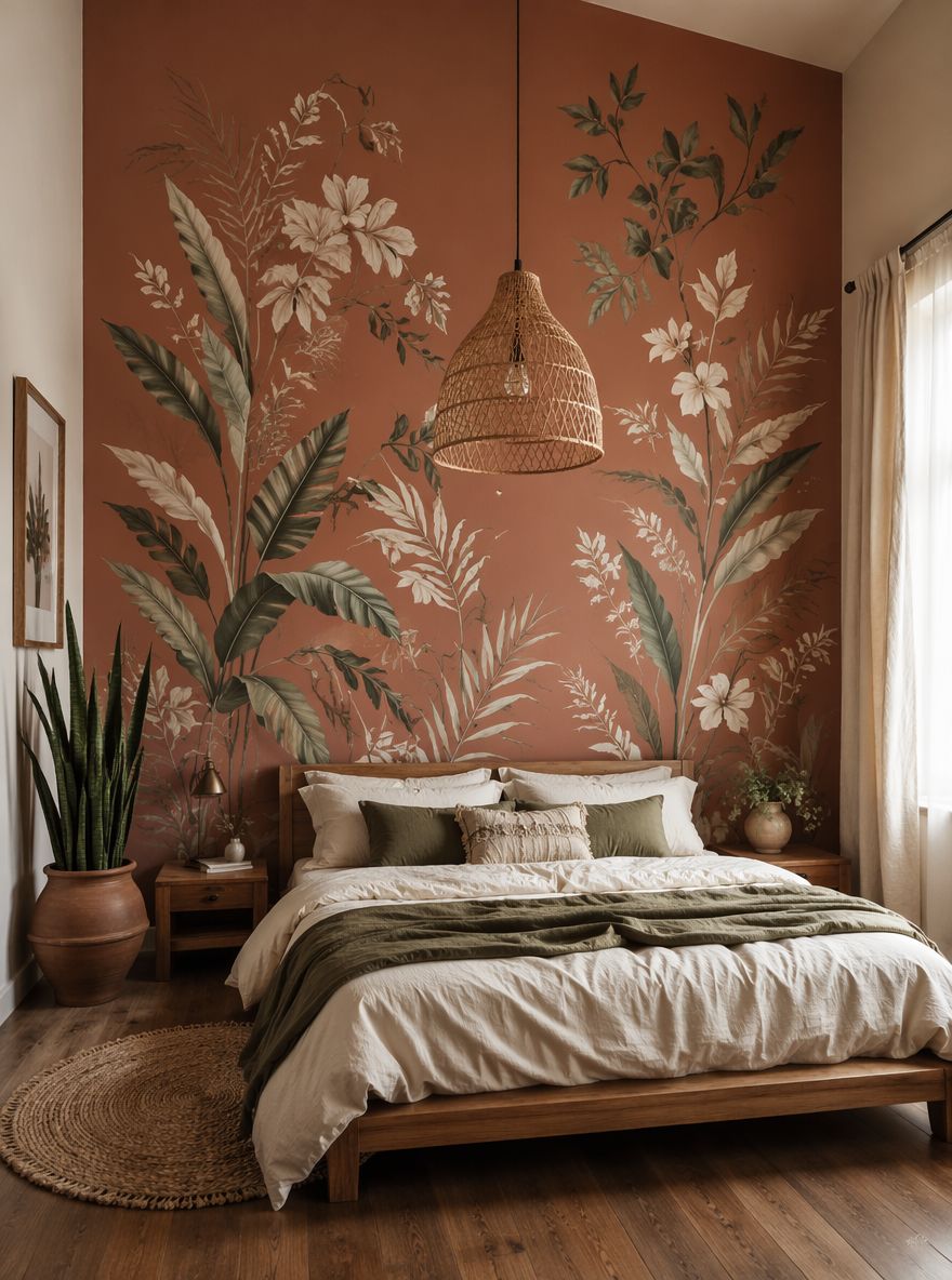 Murale botanico su parete terracotta dietro letto basso