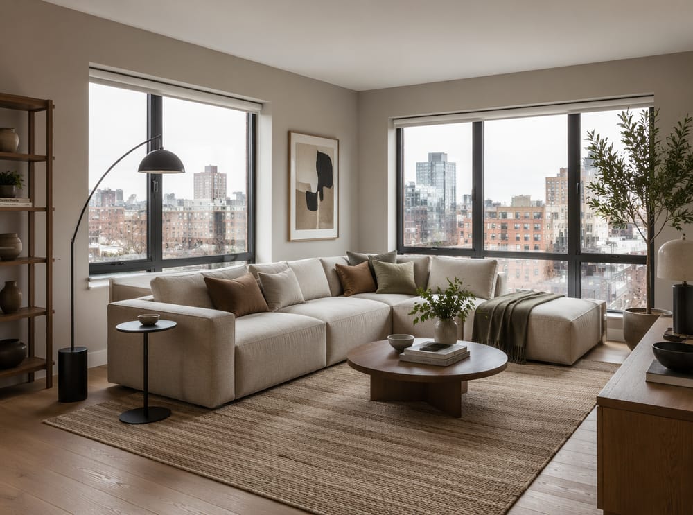 Sofá modular orientado hacia dos ventanales de esquina