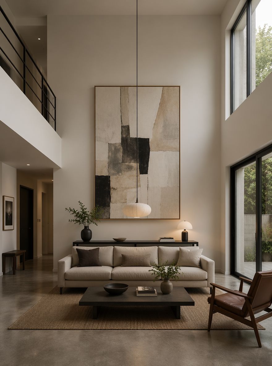 Pared de doble altura, lámpara colgante sobre la mesa de centro