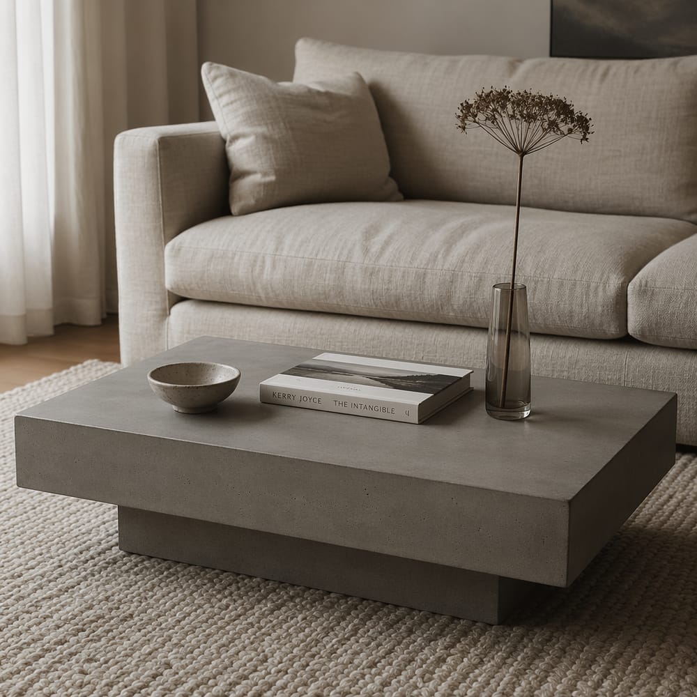 Mesa de centro de concreto con bol de cerámica y tallo seco