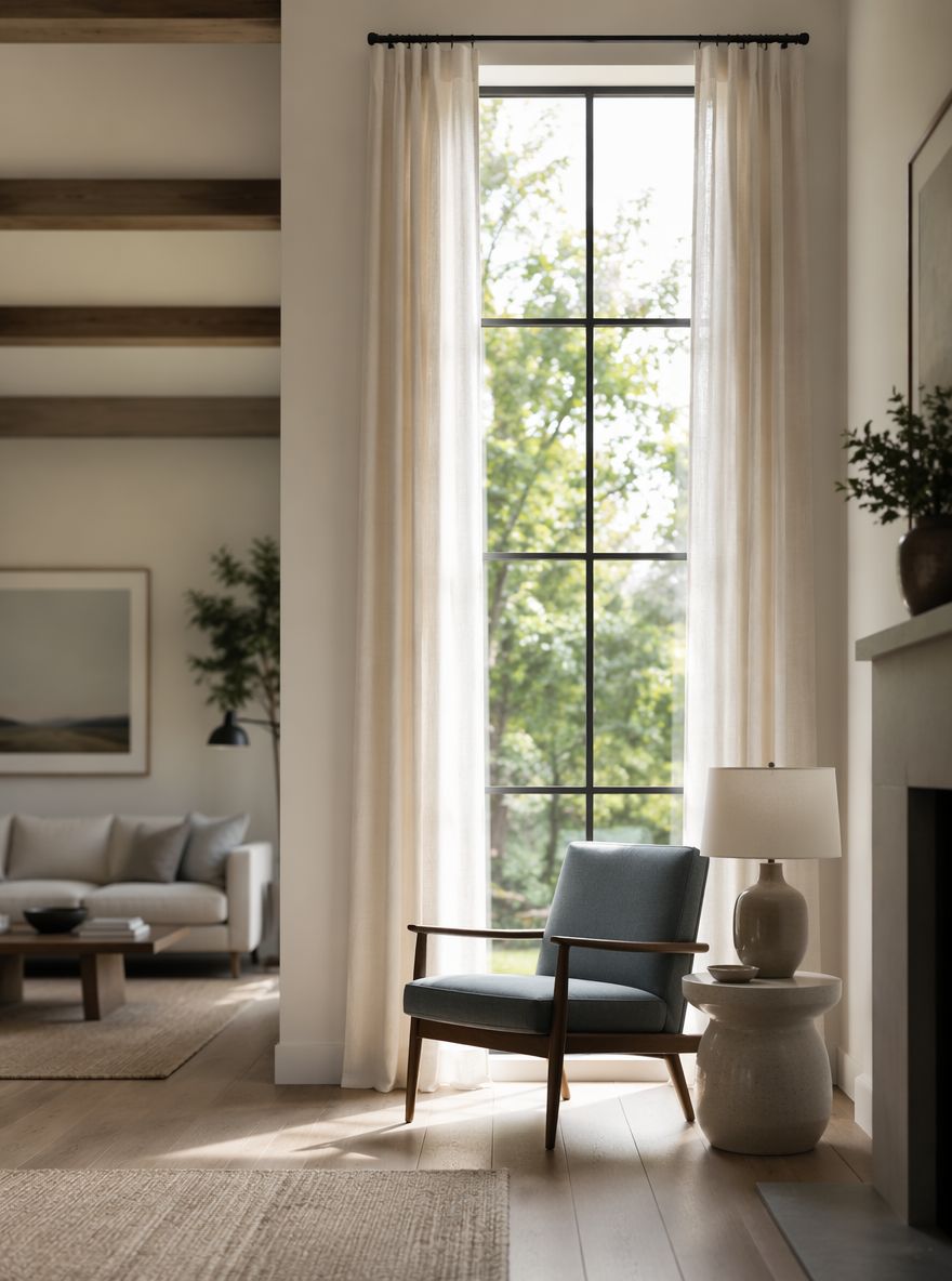 Sillón ligero junto a ventana de suelo a techo, cortinas de lino