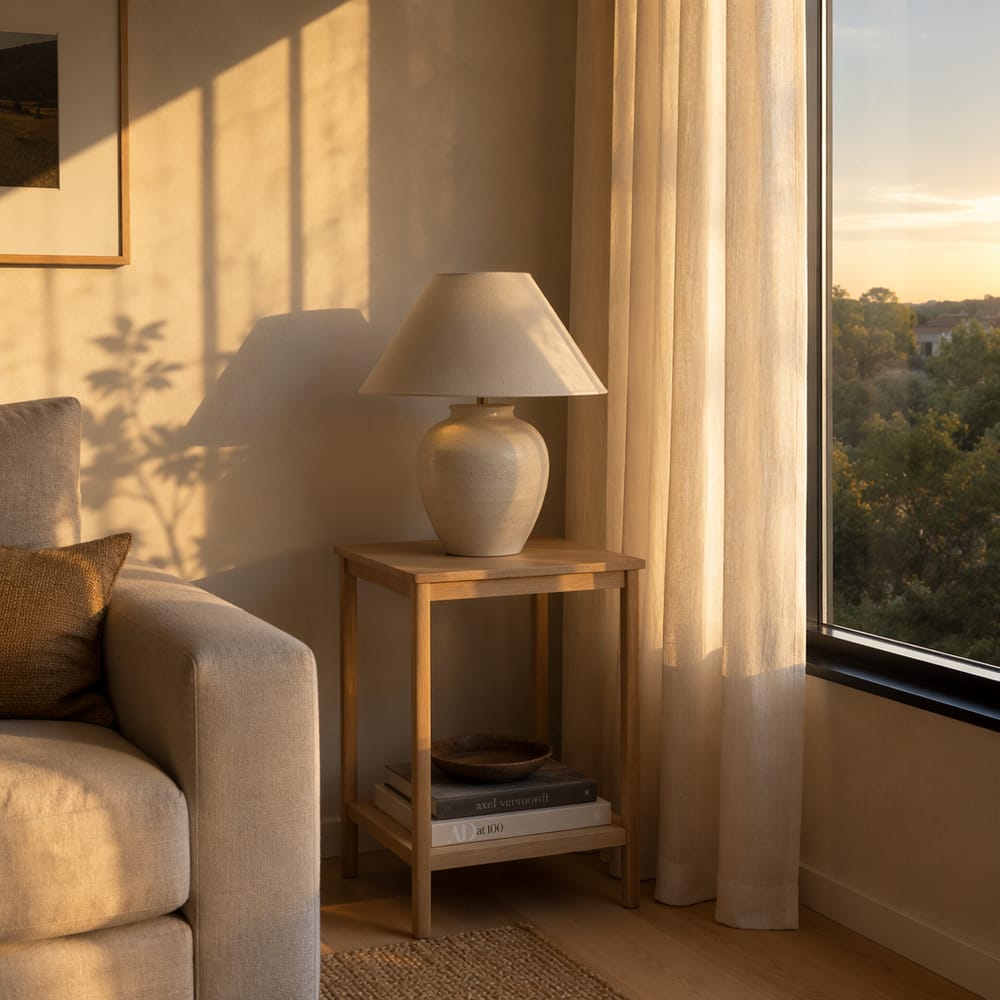 Rincón de ventana con mesa auxiliar de roble al atardecer