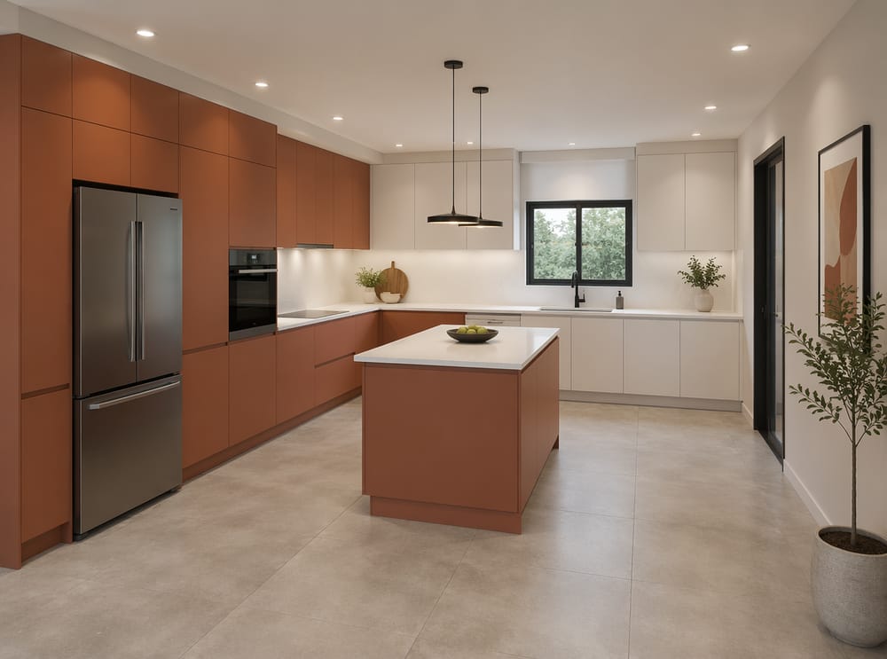 Cocina en L terracota y blanca con isla cuadrada