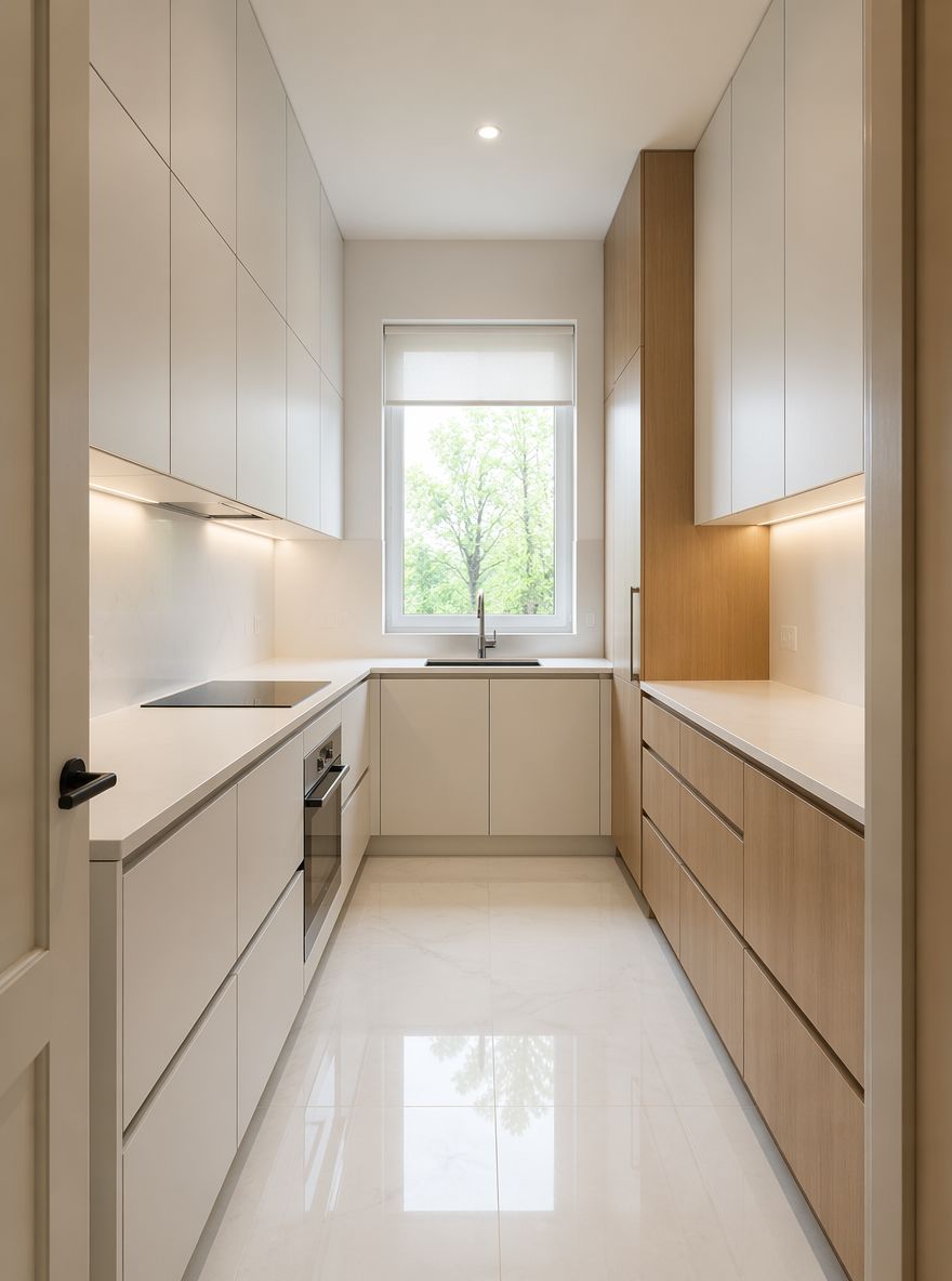 Cocina angosta con gabinetes mixtos de roble y blanco