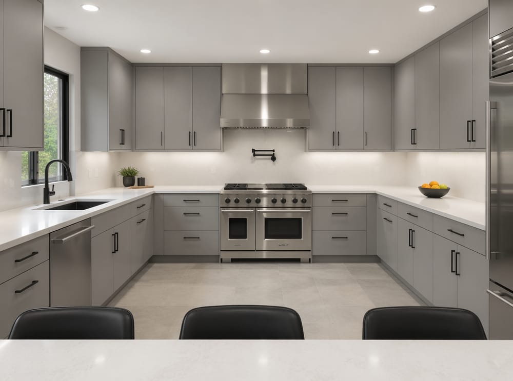 Cocina en U gris con grifo para ollas sobre la estufa