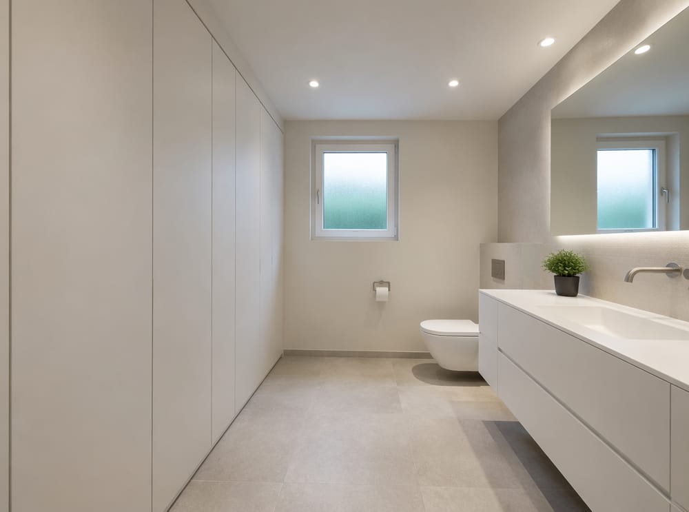 Floor-to-ceiling storage wall in matte white