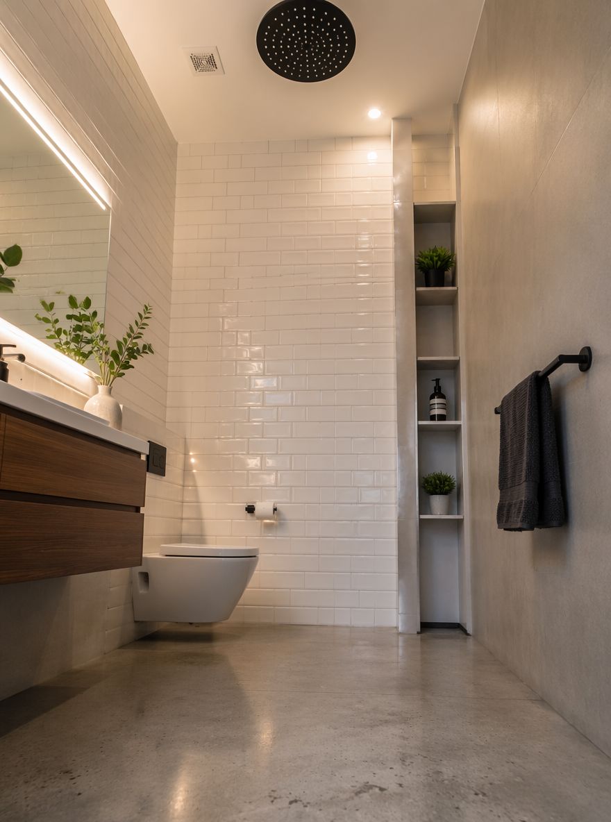 Ceiling-height tile wall with recessed shelving