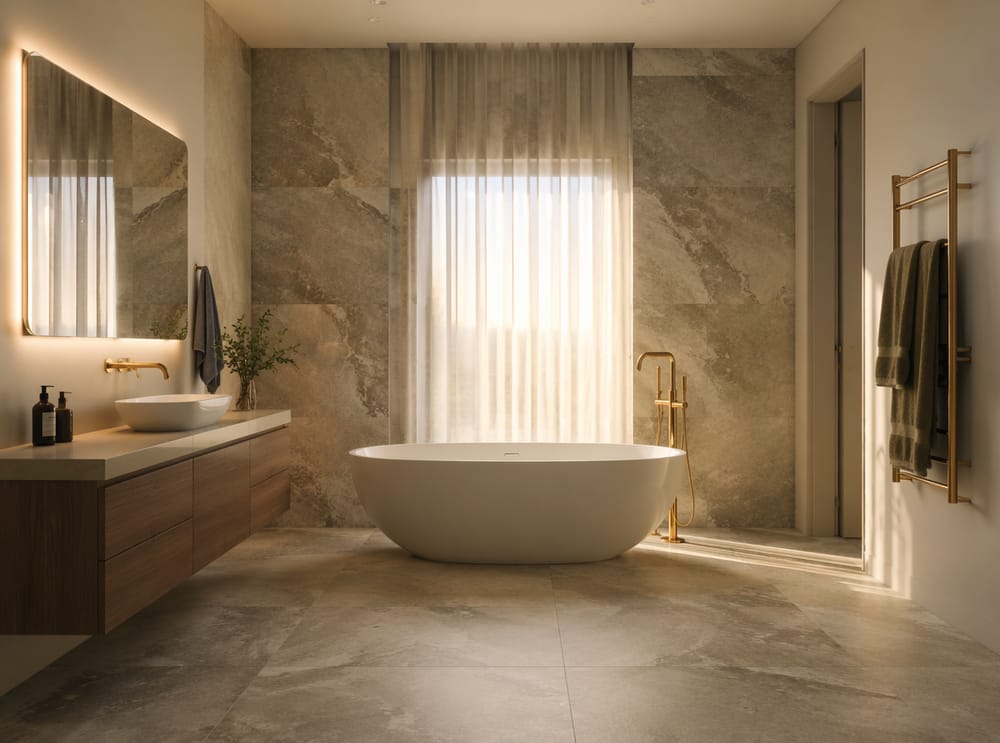 Freestanding tub centered toward the window