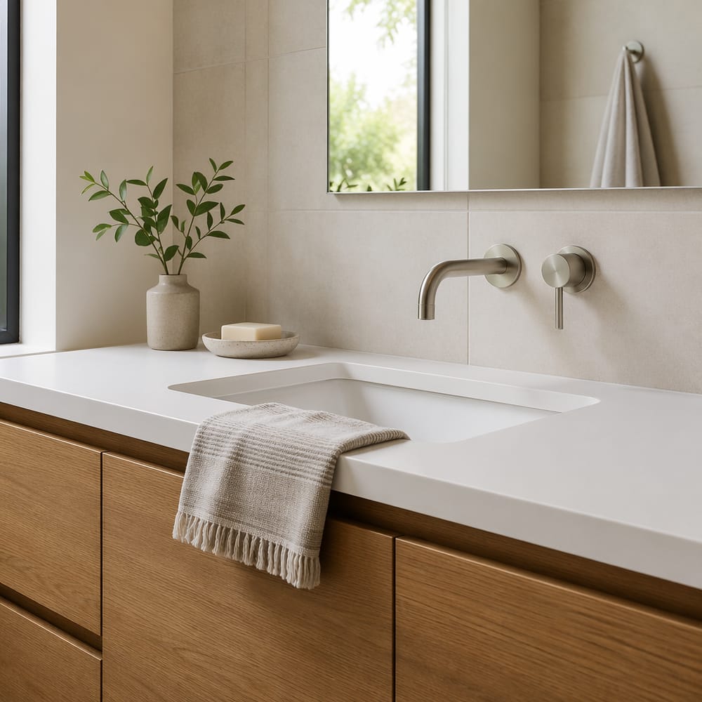 Oak vanity cabinet with brushed nickel faucet