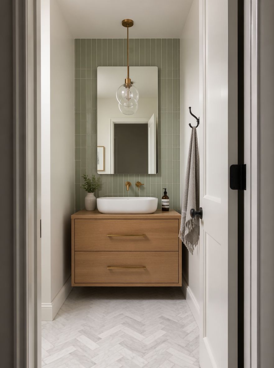Narrow bathroom with sage green stack-bond tile