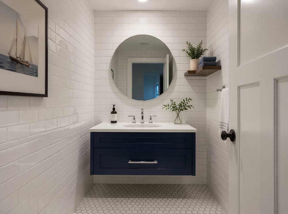 Navy vanity with round mirror and subway tile
