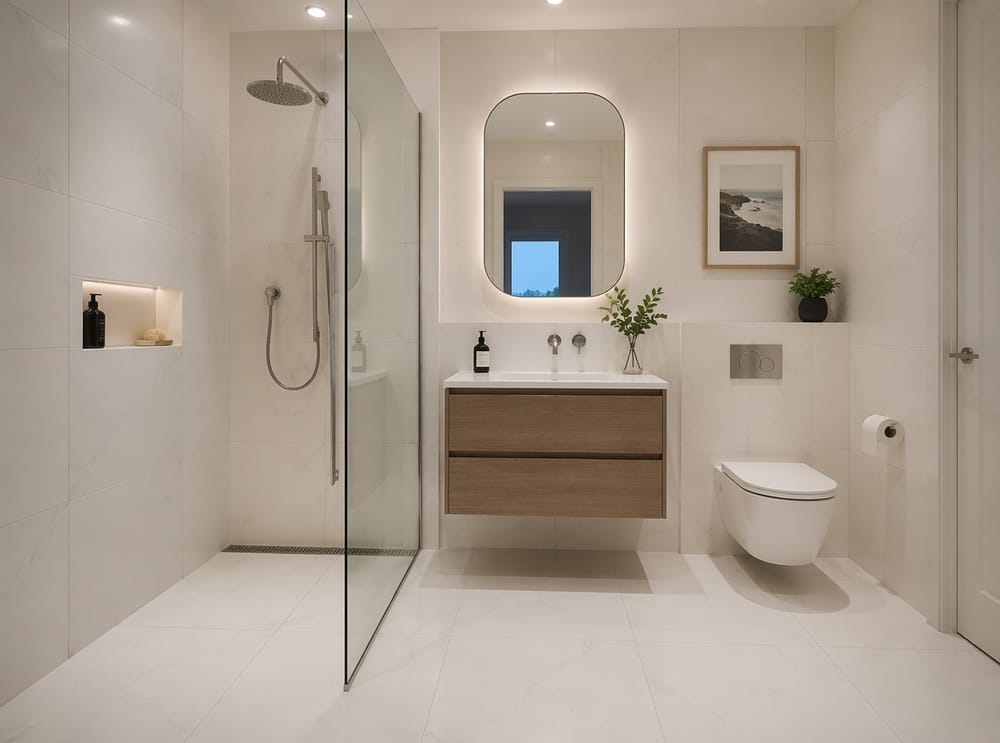 Wet room layout with concealed cistern toilet