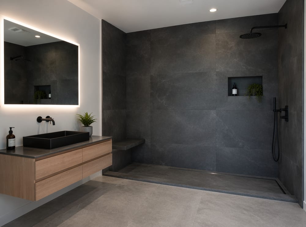 Open walk-in shower with built-in bench seat