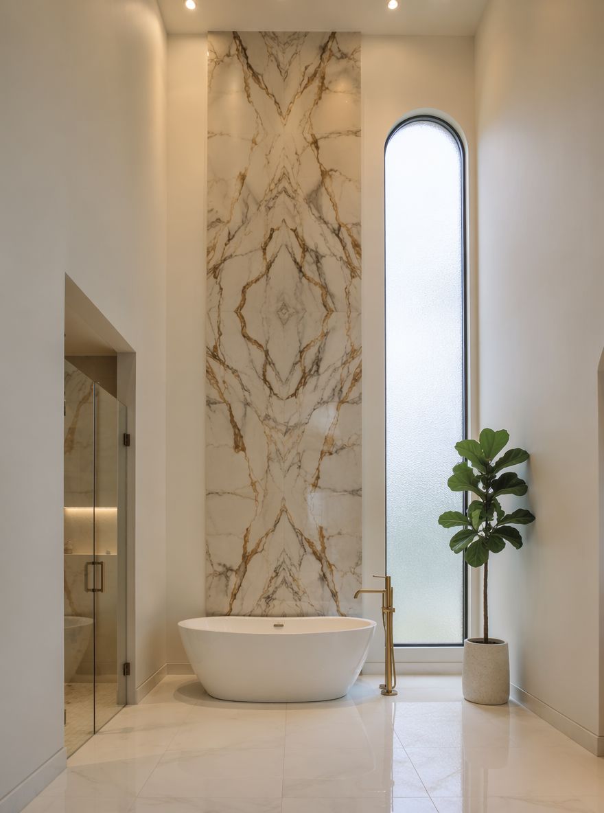 Double-height wall with vertical marble strip