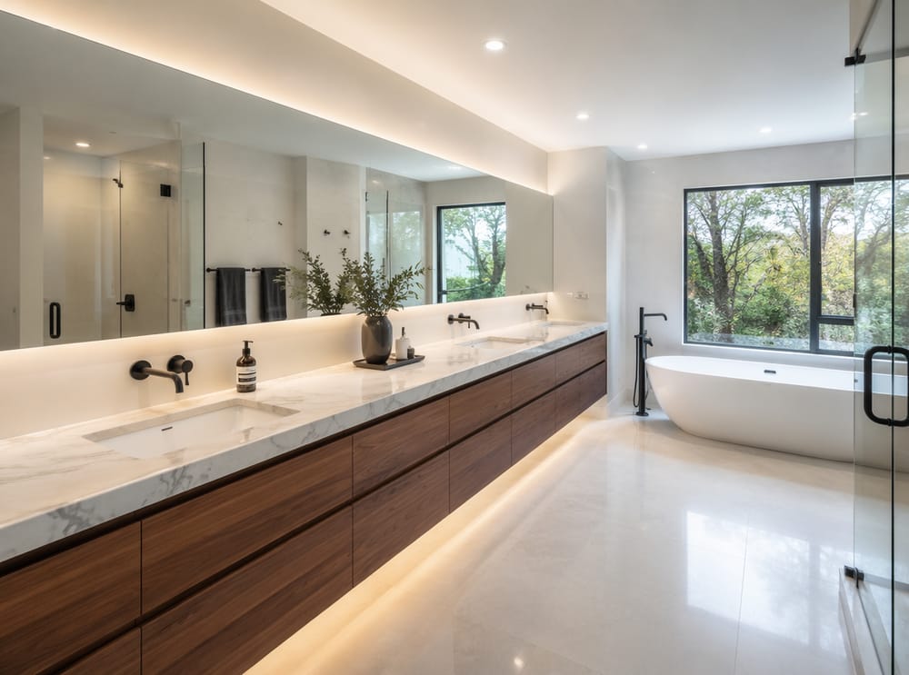 Full-length double vanity with marble countertop