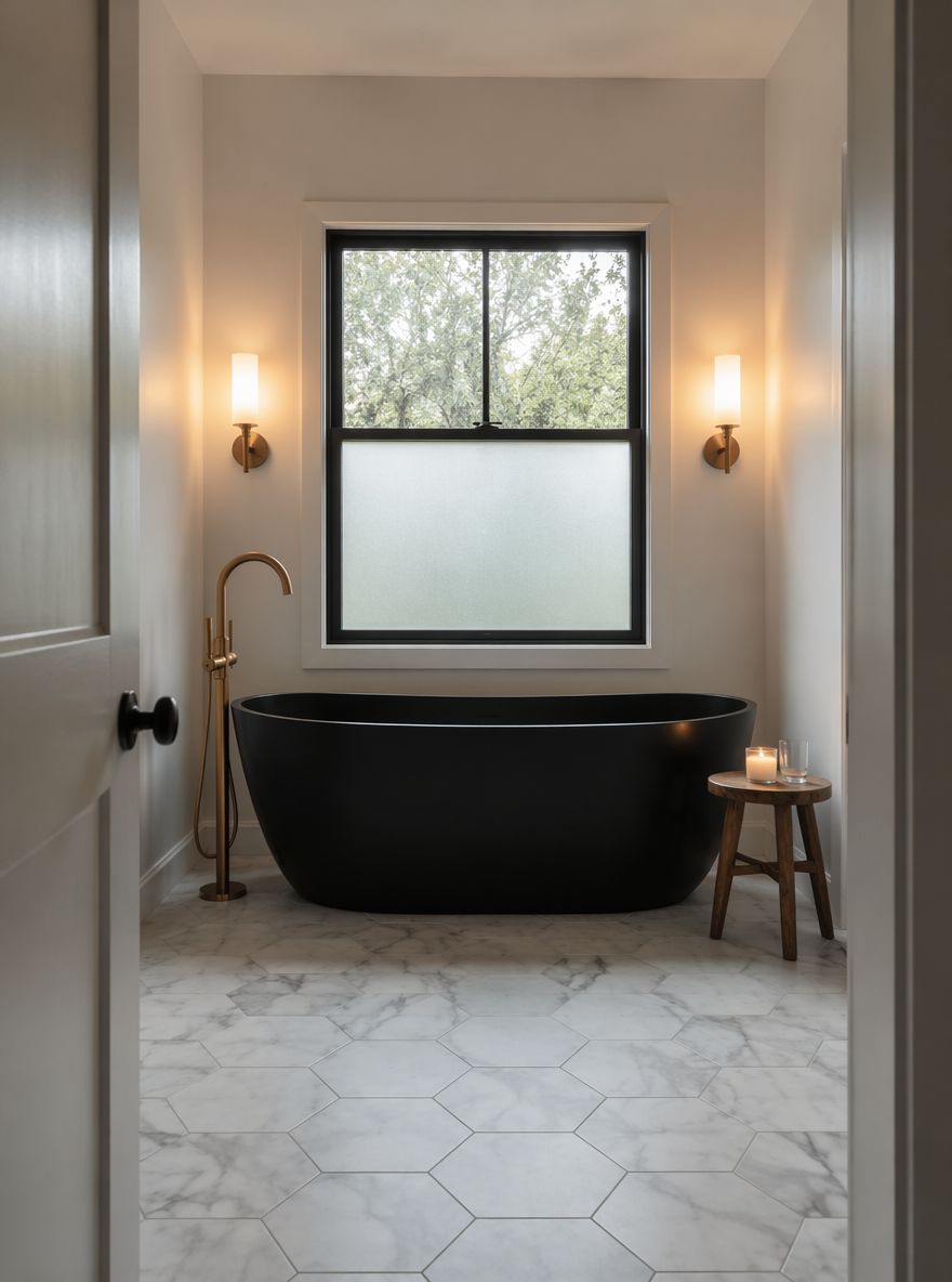 Matte black tub centered under frosted window