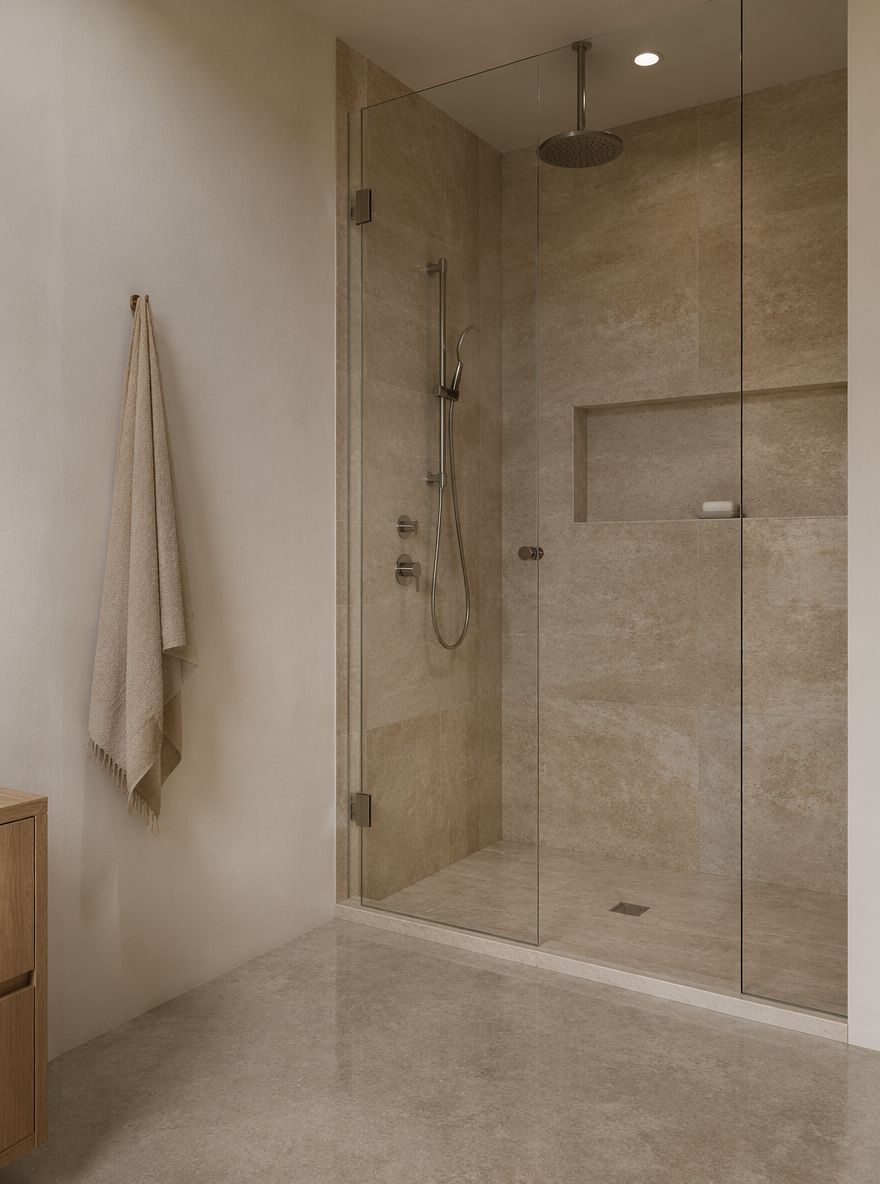 Travertine shower with ceiling rain head