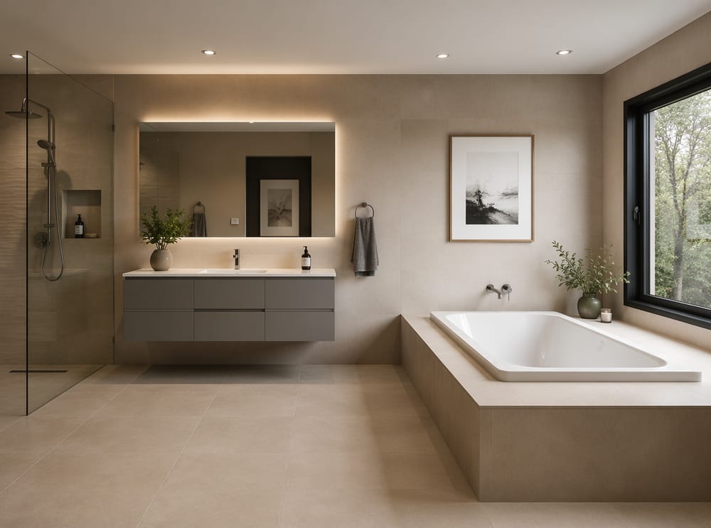 Soaking tub on tiled platform near the window
