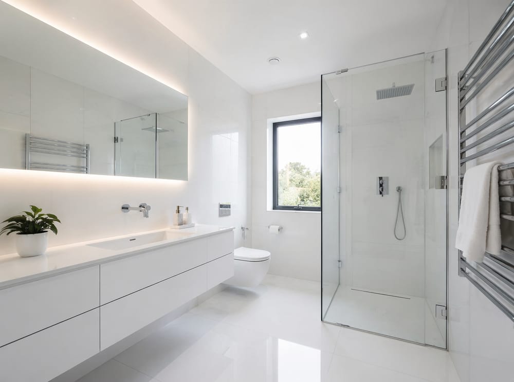 Monochromatic white bathroom with backlit mirror