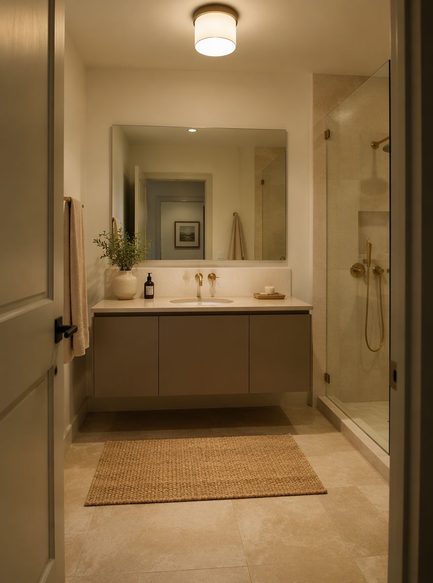 Taupe vanity with brushed gold fixtures