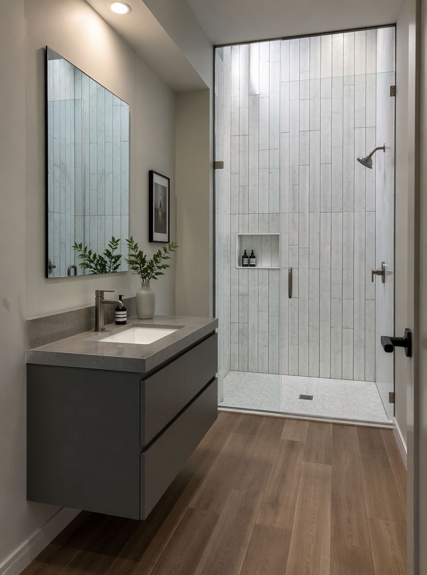 Vertical marble stack tile in glass-enclosed shower