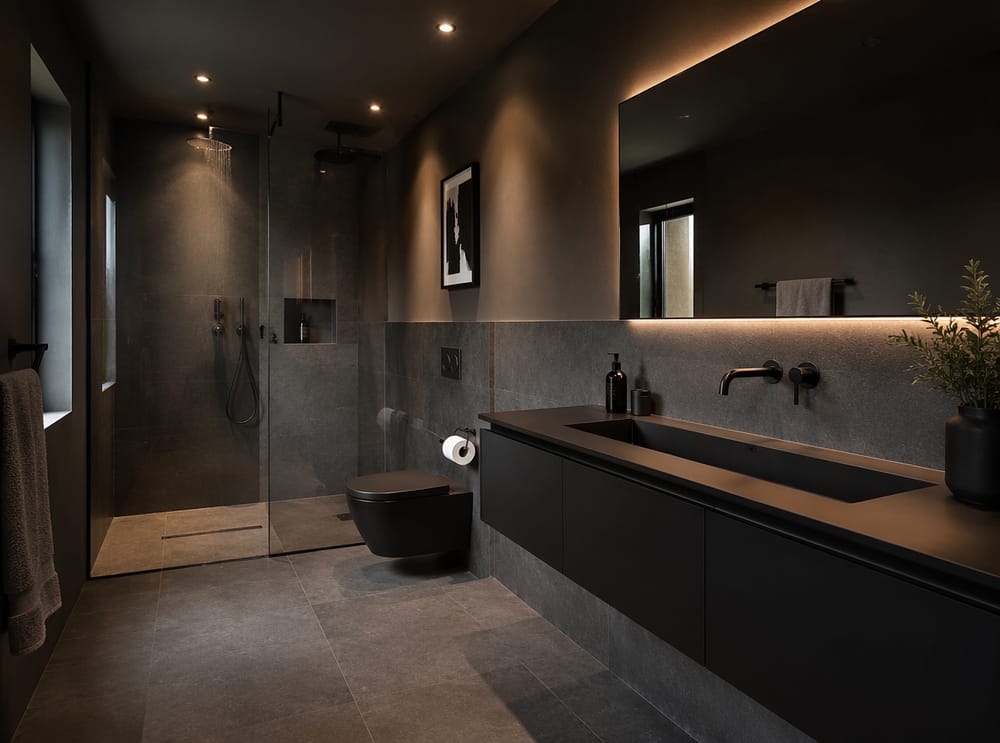 Dark basalt tile with matte black integrated sink