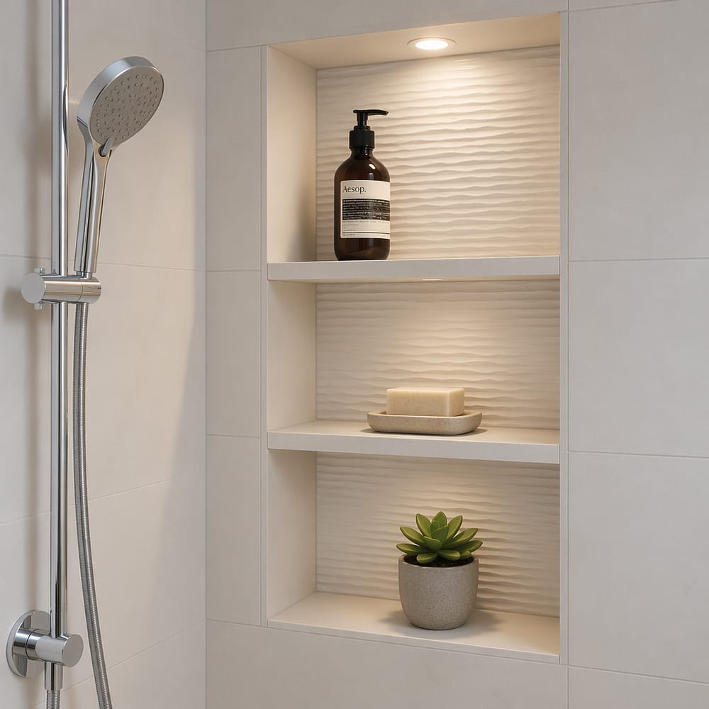 Recessed shower niche with three tiled shelves