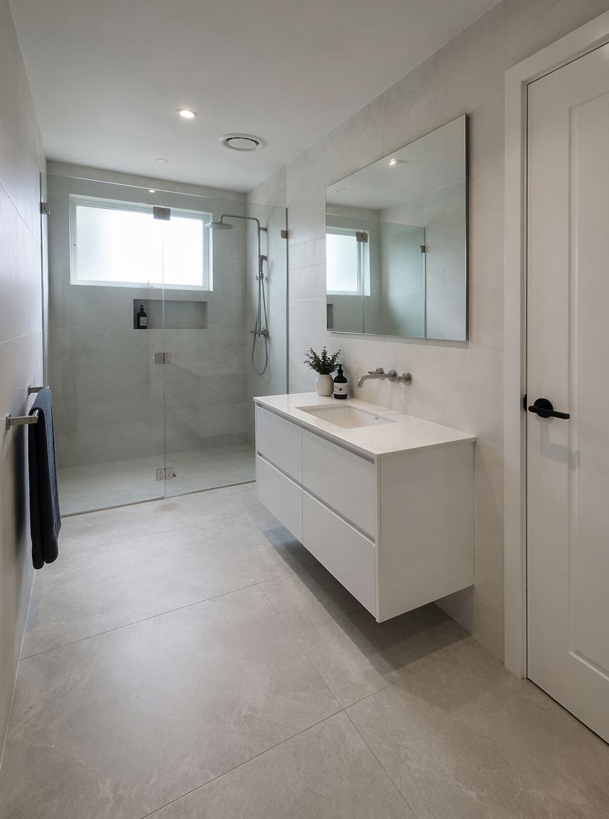 Corner-to-entry view of all-white modern layout