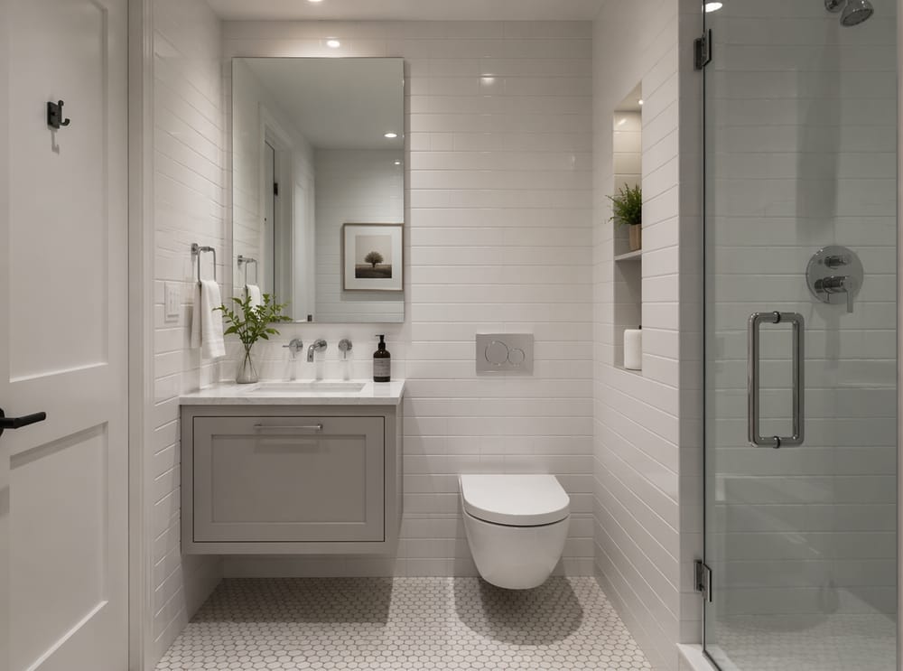 Small bathroom with wall-hung toilet and slim vanity