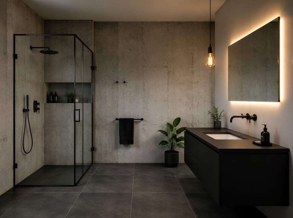 Exposed concrete walls with steel-framed shower