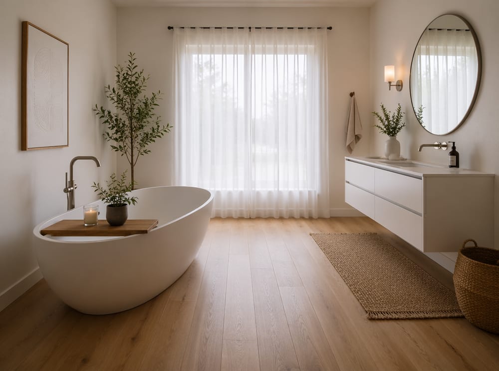 Angled freestanding tub toward sheer-curtained window