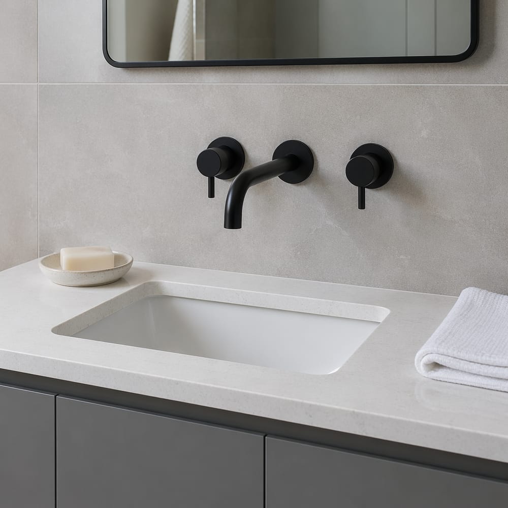 Matte black faucet over white quartz countertop