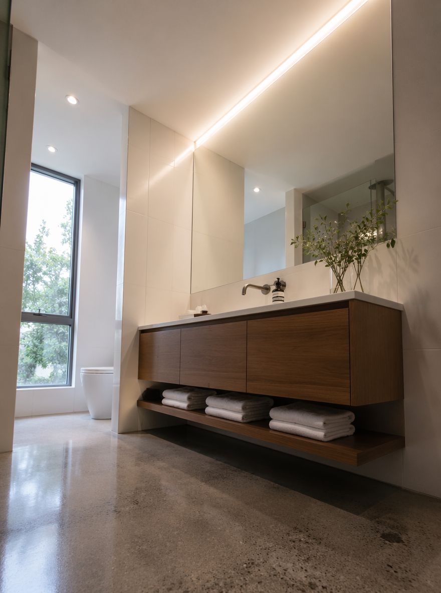 Low-angle view of walnut vanity reaching ceiling