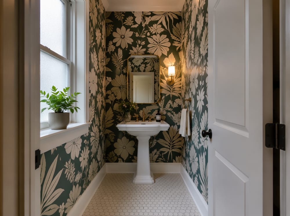 Oversized botanical print wraps all four walls